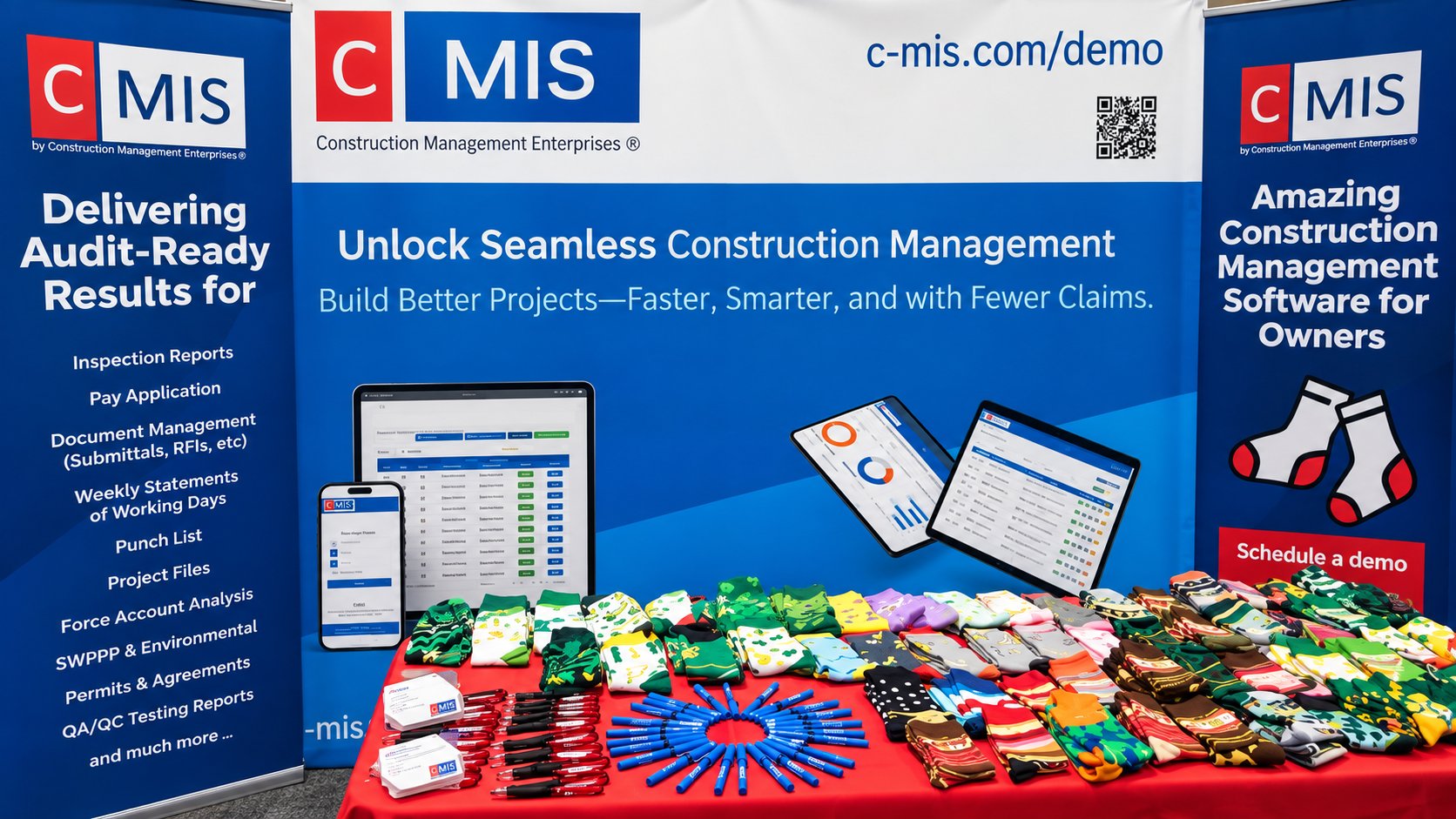 CMIS conference booth with product displays, banners, and giveaway socks.
