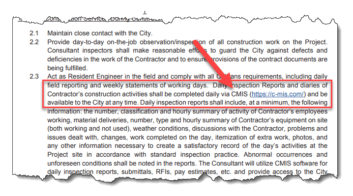 Public works project requirement excerpt highlighting CMIS daily inspection reports