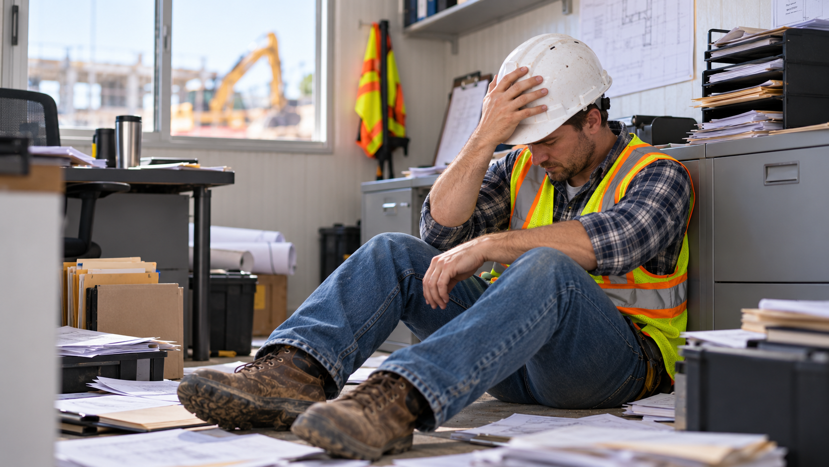 Construction manager sitting at a job site with a clipboard, facing project pressure.