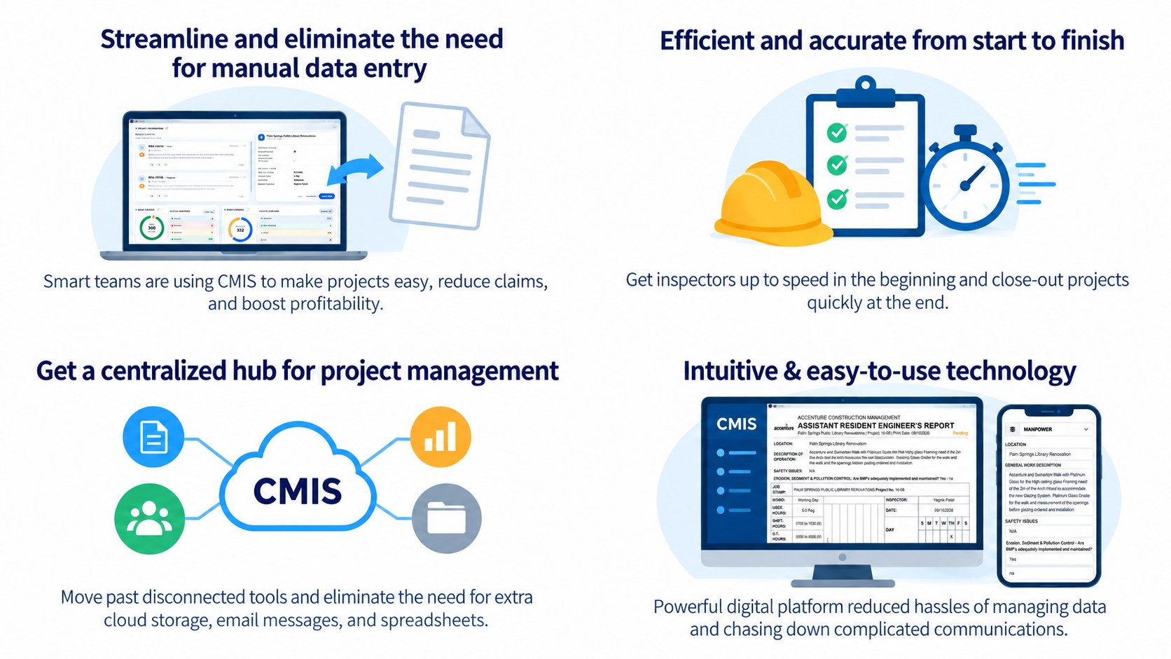 CMIS uniformity achieved graphic showing reduced manual data entry, faster closeout, centralized project management, and easy-to-use technology